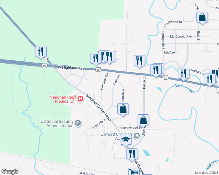map of restaurants, bars, coffee shops, grocery stores, and more near 522 Dixie Drive in Selma