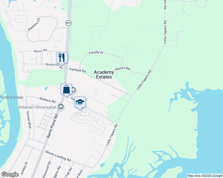 map of restaurants, bars, coffee shops, grocery stores, and more near 66 Fairfield Road in Beaufort