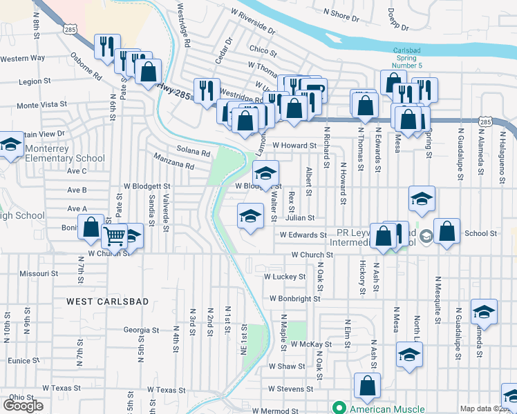 map of restaurants, bars, coffee shops, grocery stores, and more near 923 Walter Street in Carlsbad