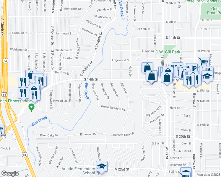 map of restaurants, bars, coffee shops, grocery stores, and more near 1418 Elmwood Drive in Abilene