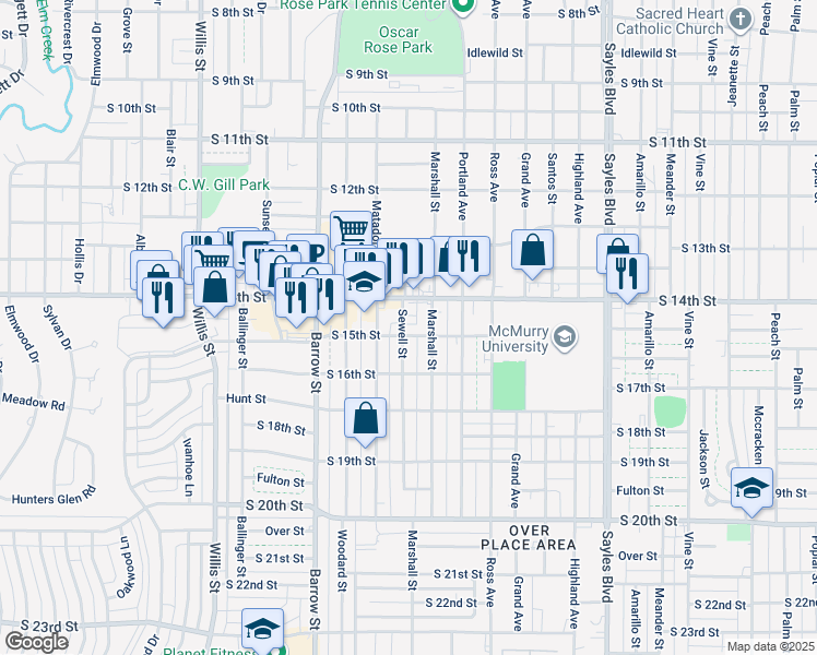 map of restaurants, bars, coffee shops, grocery stores, and more near 1415 Sewell Street in Abilene
