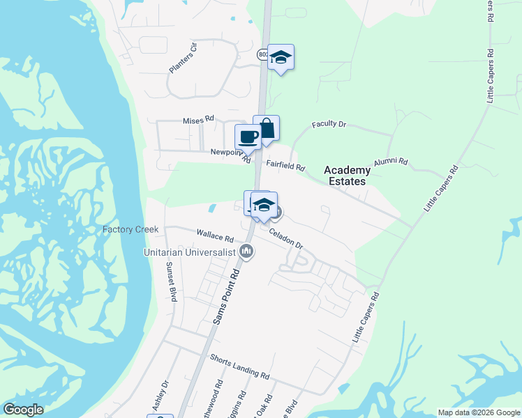 map of restaurants, bars, coffee shops, grocery stores, and more near 2 Brindlewood Drive in Beaufort