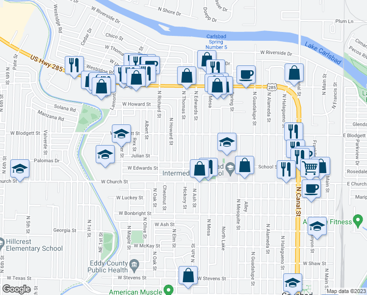 map of restaurants, bars, coffee shops, grocery stores, and more near 914 North Thomas Street in Carlsbad