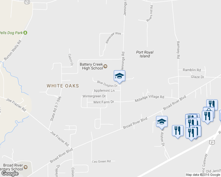 map of restaurants, bars, coffee shops, grocery stores, and more near 12 Applemint Lane in Beaufort