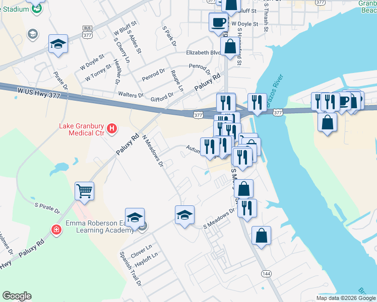 map of restaurants, bars, coffee shops, grocery stores, and more near 1304 Preston Trail Court in Granbury