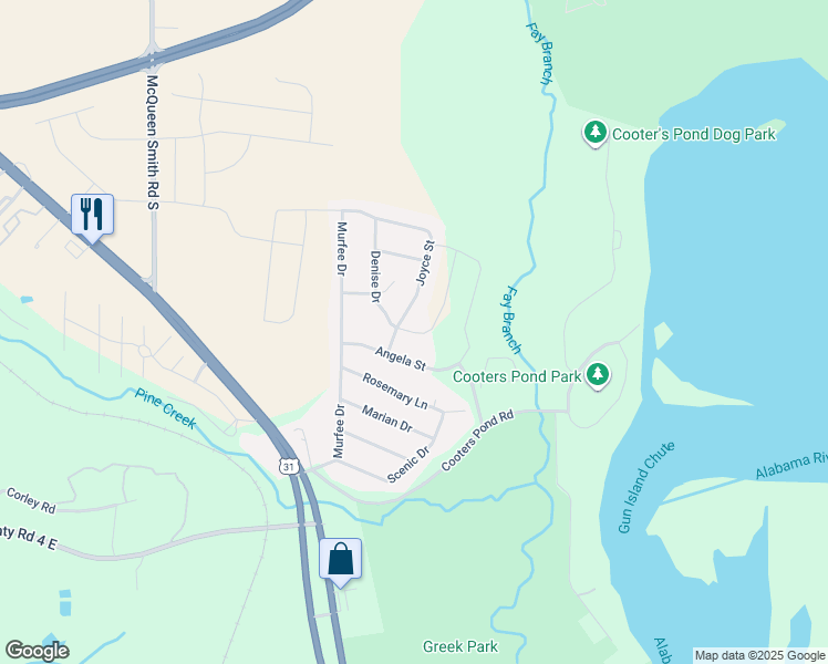 map of restaurants, bars, coffee shops, grocery stores, and more near 196 Denise Drive in Prattville