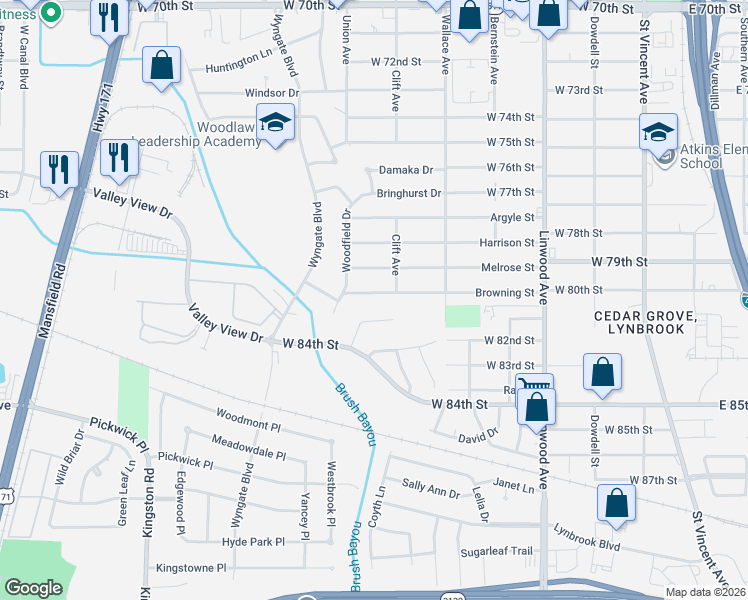 map of restaurants, bars, coffee shops, grocery stores, and more near 735 Browning Street in Shreveport