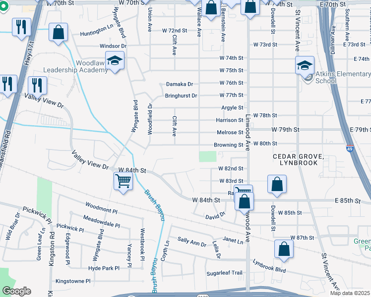 map of restaurants, bars, coffee shops, grocery stores, and more near 611 Browning Street in Shreveport