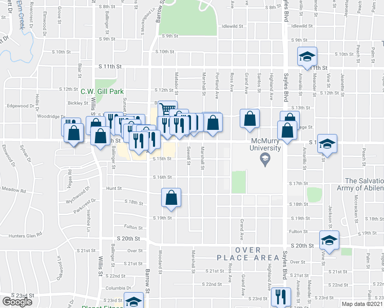 map of restaurants, bars, coffee shops, grocery stores, and more near 1425 Sewell Street in Abilene