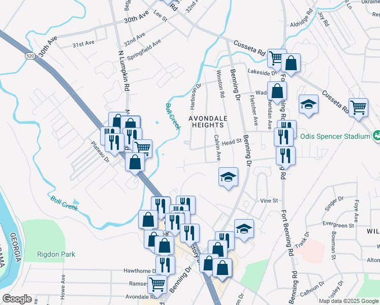 map of restaurants, bars, coffee shops, grocery stores, and more near 3118 Head Street in Columbus