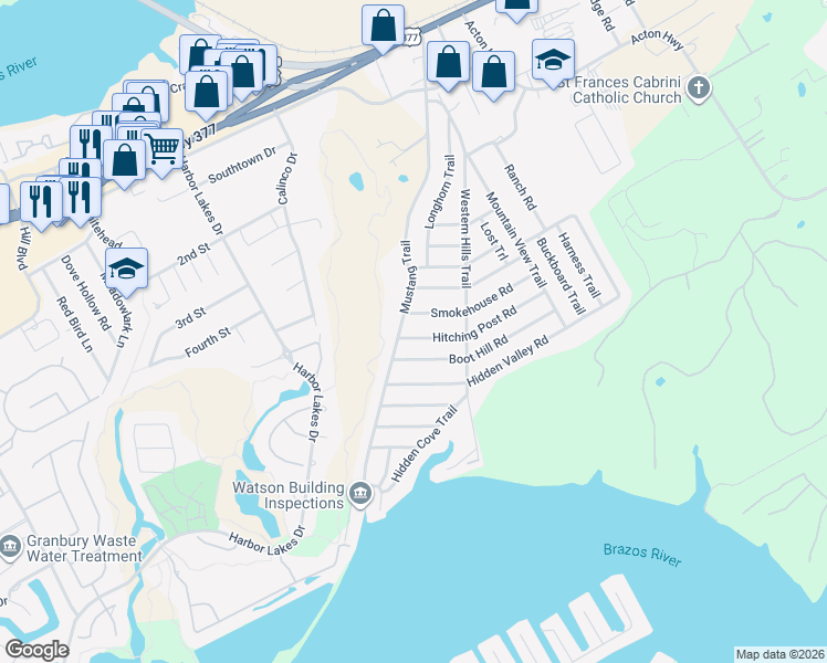 map of restaurants, bars, coffee shops, grocery stores, and more near 725 Mustang Trail in Granbury