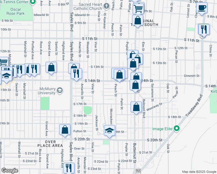 map of restaurants, bars, coffee shops, grocery stores, and more near 1642 South 15th Street in Abilene
