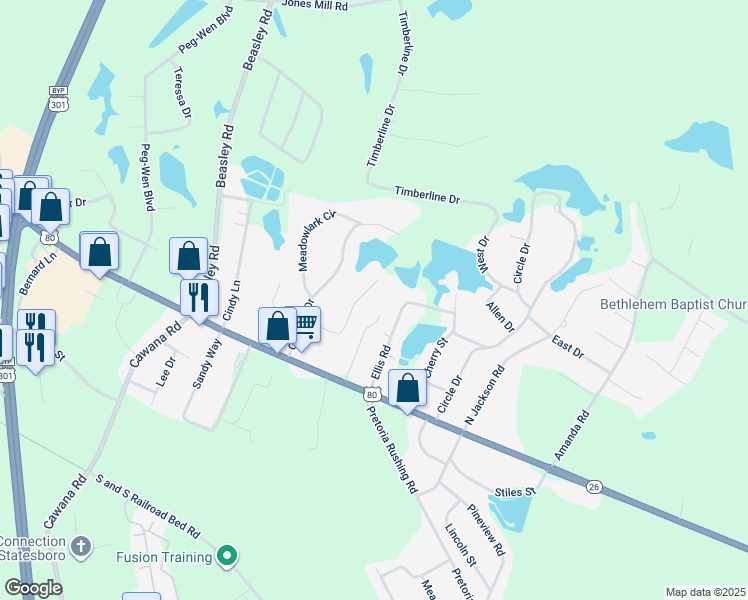 map of restaurants, bars, coffee shops, grocery stores, and more near 222 East Mockingbird Lane in Statesboro
