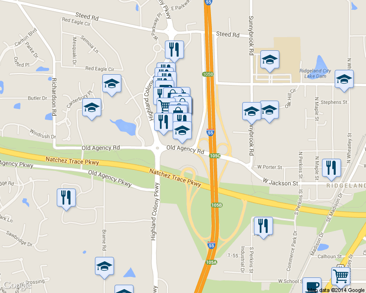 map of restaurants, bars, coffee shops, grocery stores, and more near 382 Old Agency Road in Ridgeland