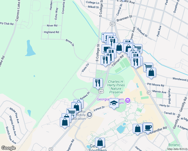 map of restaurants, bars, coffee shops, grocery stores, and more near 238 Vista Circle in Statesboro