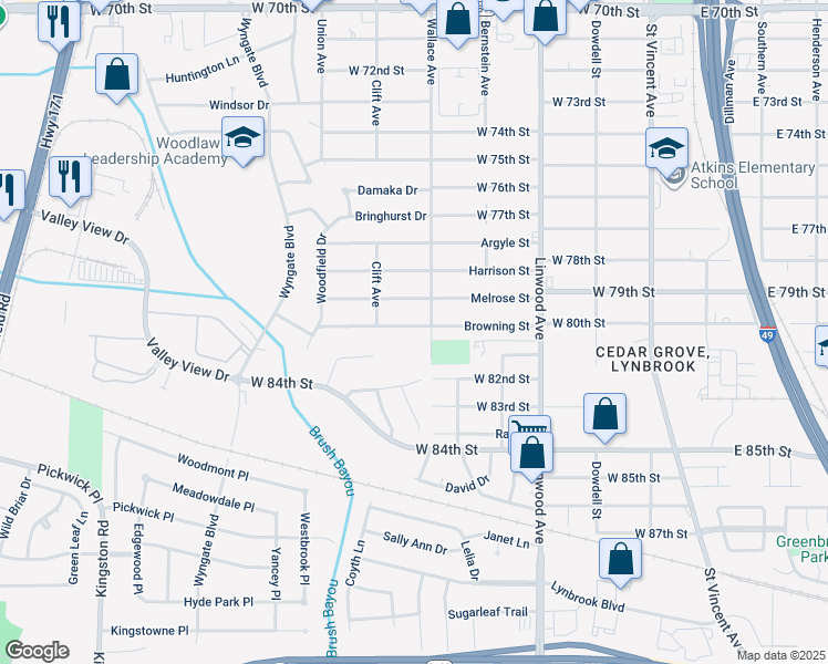 map of restaurants, bars, coffee shops, grocery stores, and more near 611 Browning Street in Shreveport