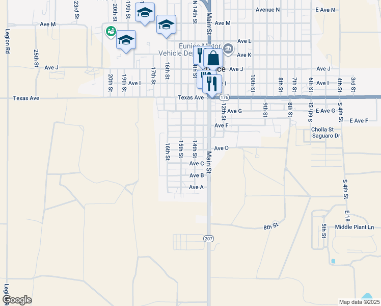 map of restaurants, bars, coffee shops, grocery stores, and more near 1411 Avenue D in Eunice