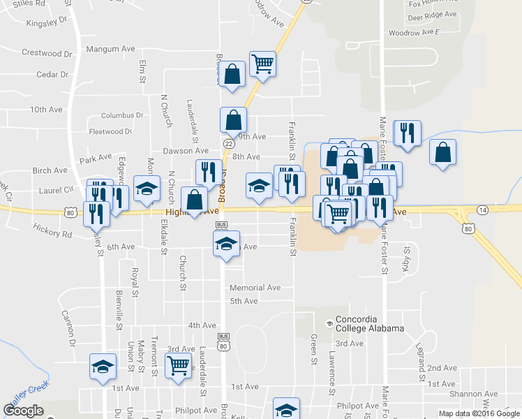 map of restaurants, bars, coffee shops, grocery stores, and more near 1201-1227 Highland Avenue in Selma