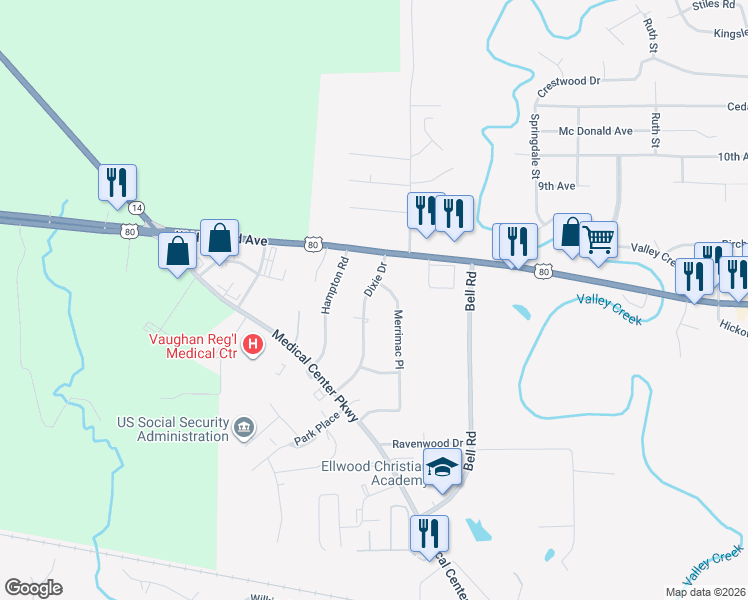 map of restaurants, bars, coffee shops, grocery stores, and more near 522 Dixie Drive in Selma