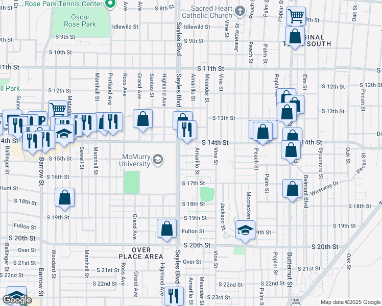 map of restaurants, bars, coffee shops, grocery stores, and more near 2018 South 15th Street in Abilene