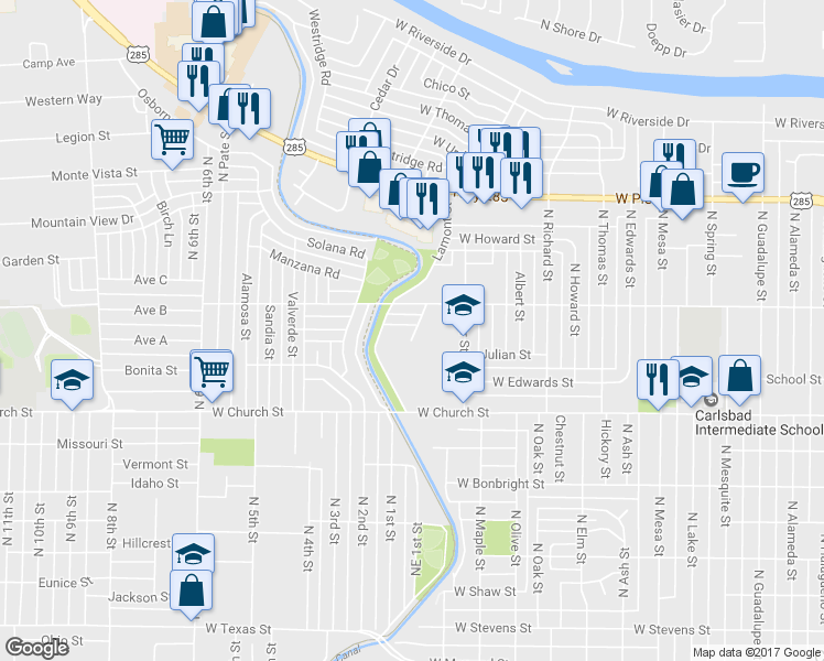 map of restaurants, bars, coffee shops, grocery stores, and more near 1601 Lamont Place in Carlsbad