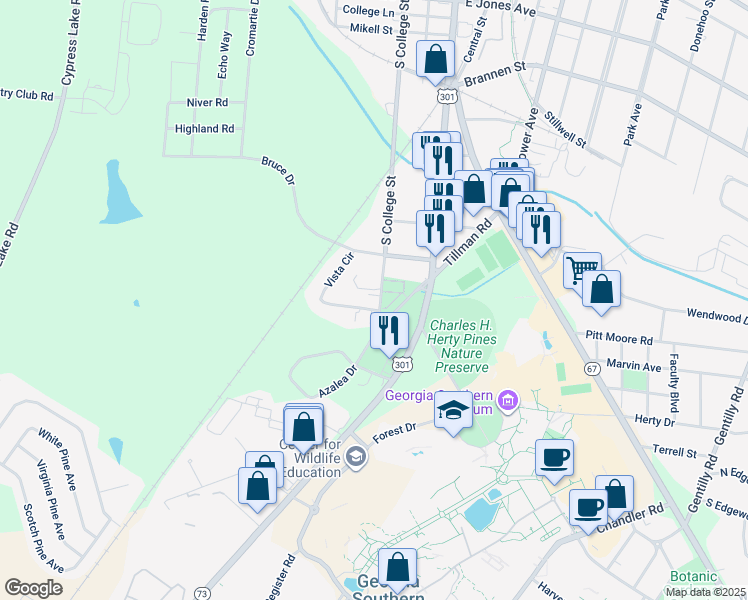map of restaurants, bars, coffee shops, grocery stores, and more near 238 Vista Circle in Statesboro