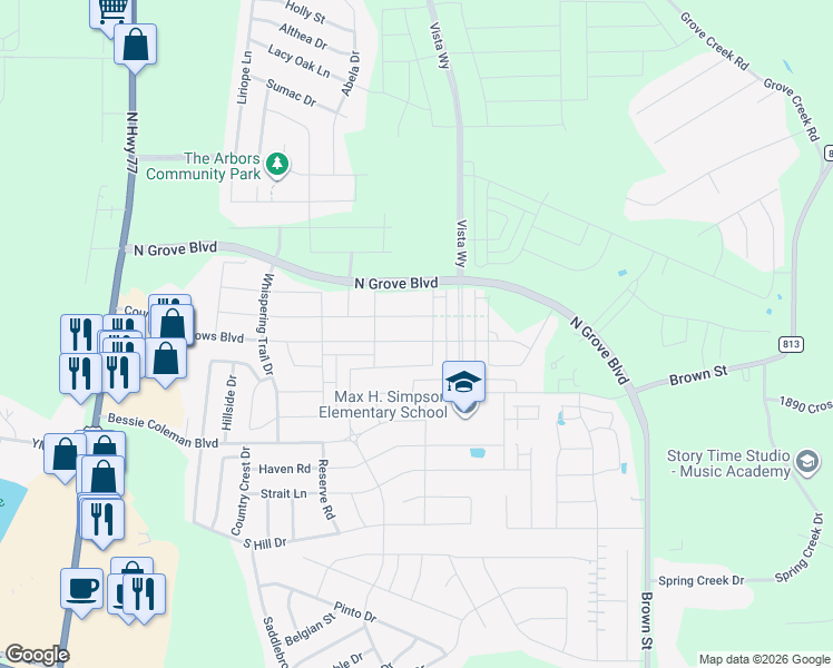 map of restaurants, bars, coffee shops, grocery stores, and more near 465 Country Meadows Boulevard in Waxahachie