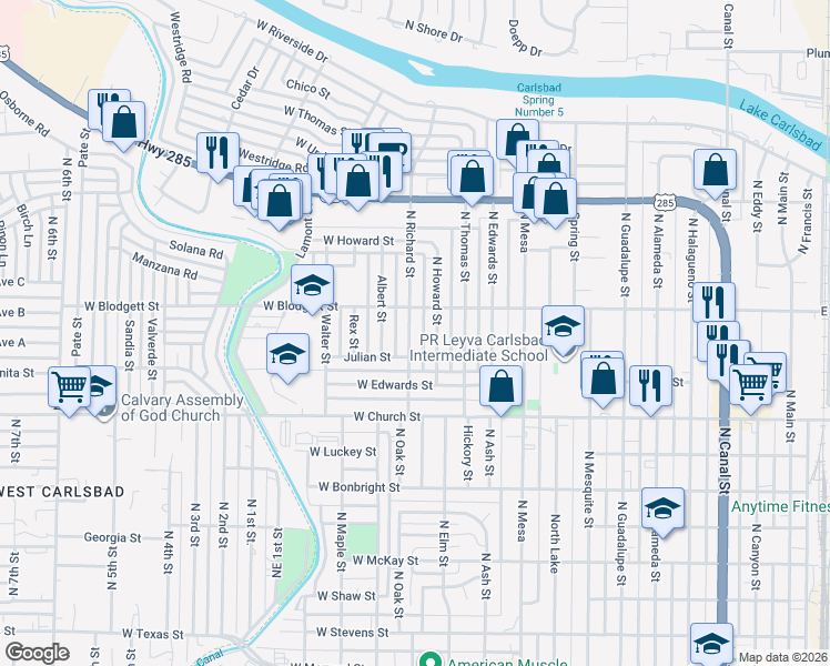 map of restaurants, bars, coffee shops, grocery stores, and more near 916 North Richard Street in Carlsbad