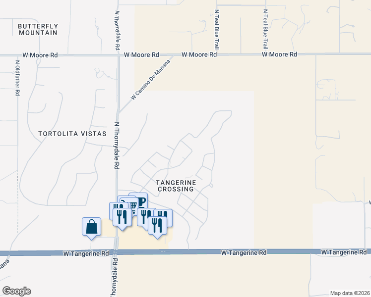 map of restaurants, bars, coffee shops, grocery stores, and more near 3479 West Desert Peace Drive in Marana