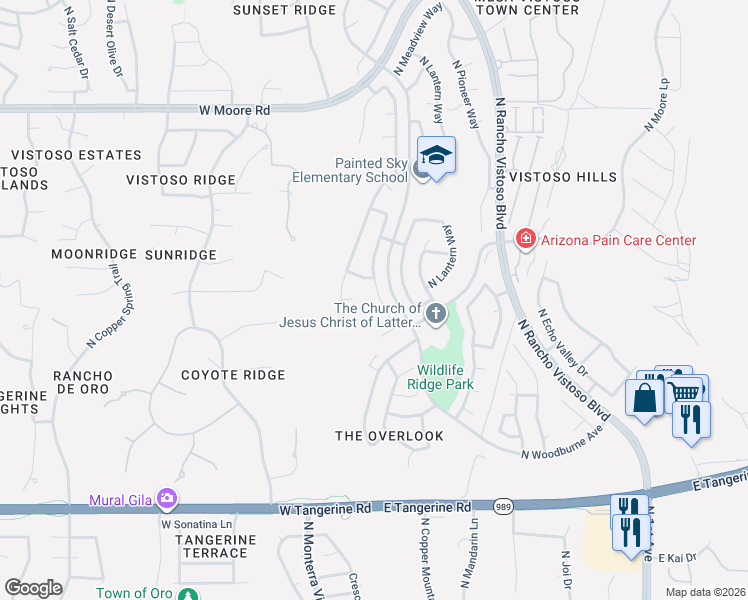 map of restaurants, bars, coffee shops, grocery stores, and more near 12431 North Copper Queen Way in Oro Valley