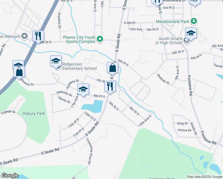 map of restaurants, bars, coffee shops, grocery stores, and more near 801 South Seale Road in Phenix City