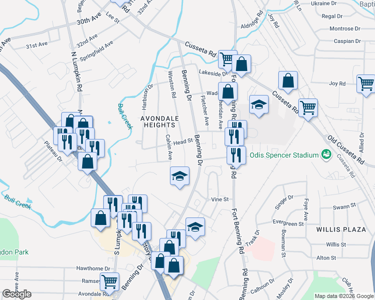 map of restaurants, bars, coffee shops, grocery stores, and more near 1117 Benning Drive in Columbus