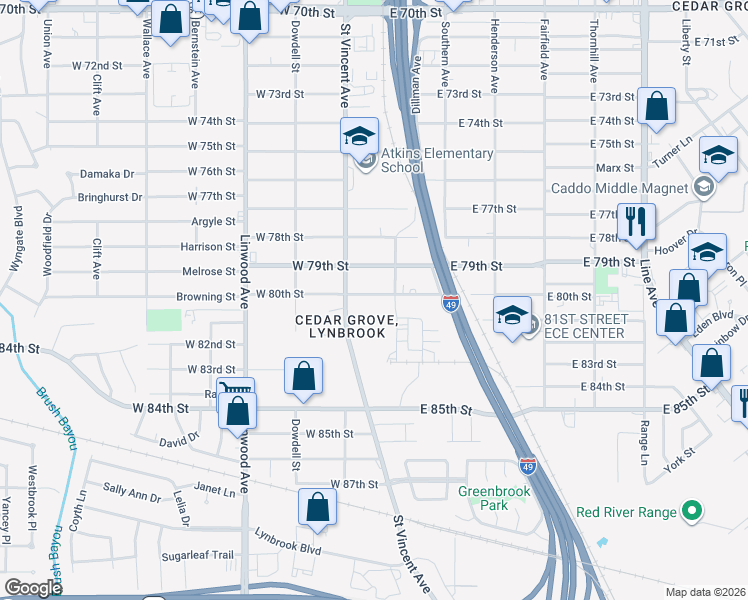 map of restaurants, bars, coffee shops, grocery stores, and more near 145 West 80th Street in Shreveport