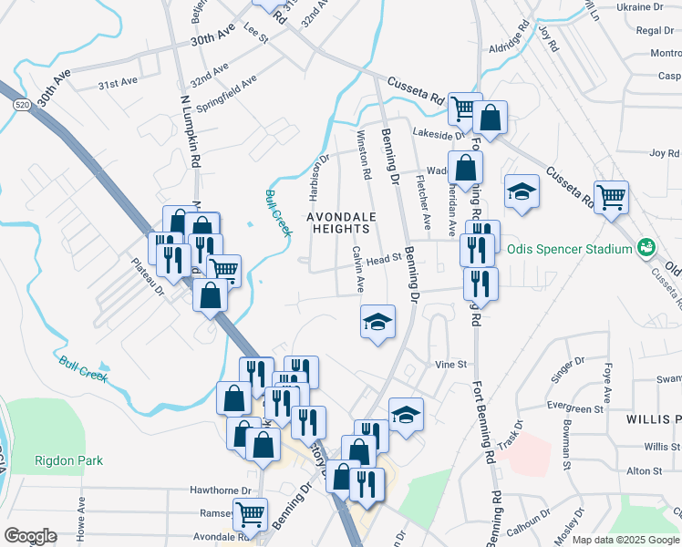 map of restaurants, bars, coffee shops, grocery stores, and more near 1102 Brooks Road in Columbus