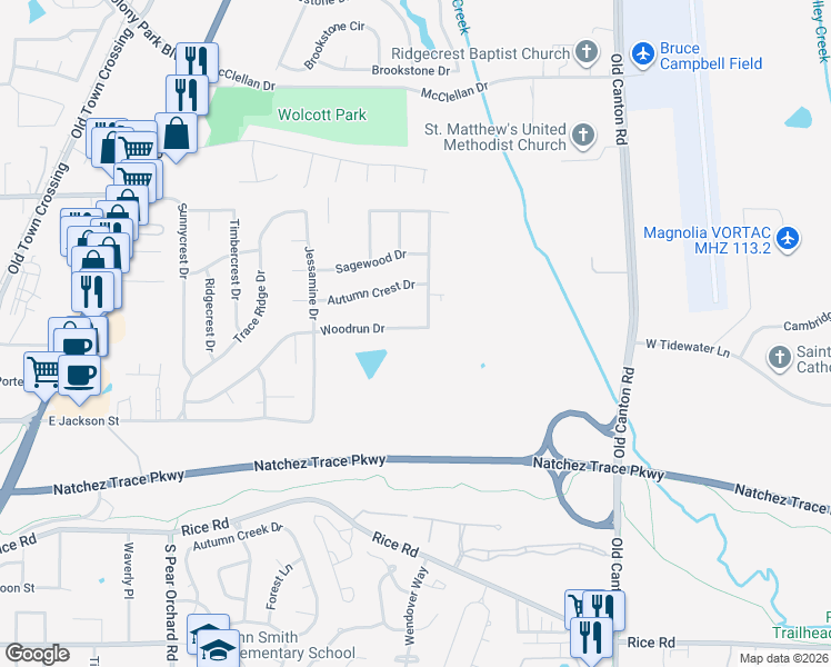 map of restaurants, bars, coffee shops, grocery stores, and more near 310 Woodrun Drive in Ridgeland