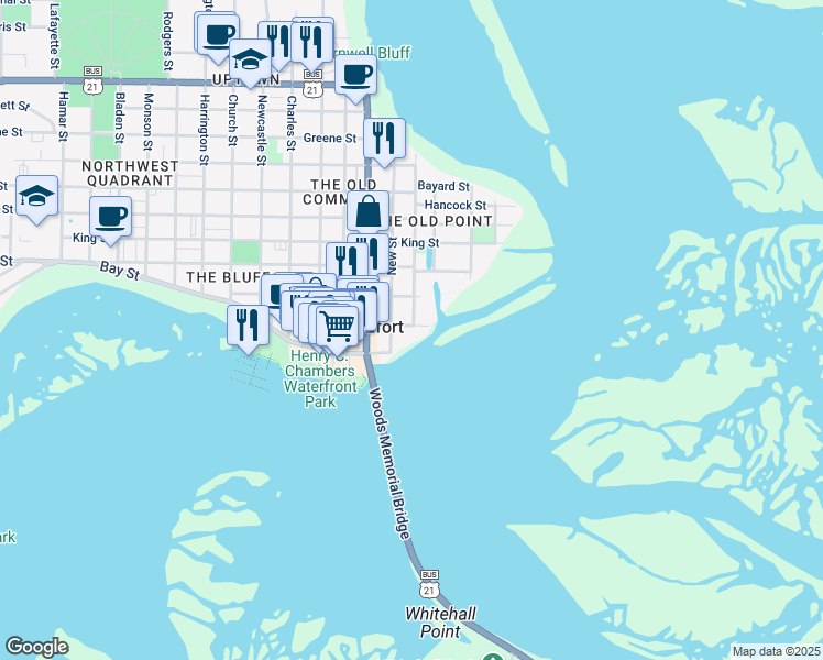 map of restaurants, bars, coffee shops, grocery stores, and more near 500 Port Republic Street in Beaufort