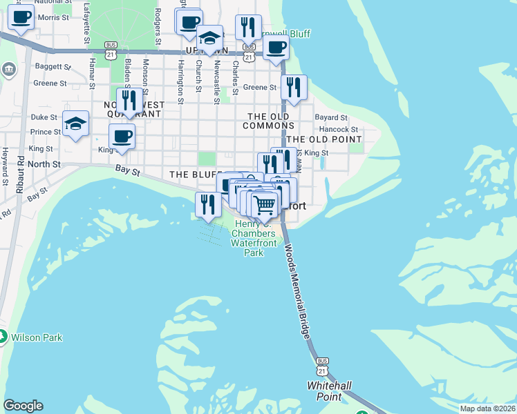 map of restaurants, bars, coffee shops, grocery stores, and more near 812 Port Republic Street in Beaufort