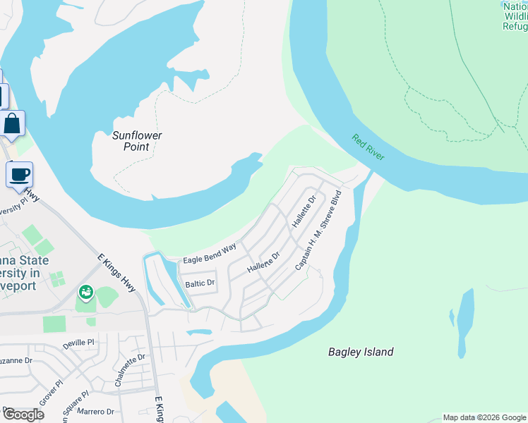 map of restaurants, bars, coffee shops, grocery stores, and more near 293 Eagle Bend Way in Shreveport
