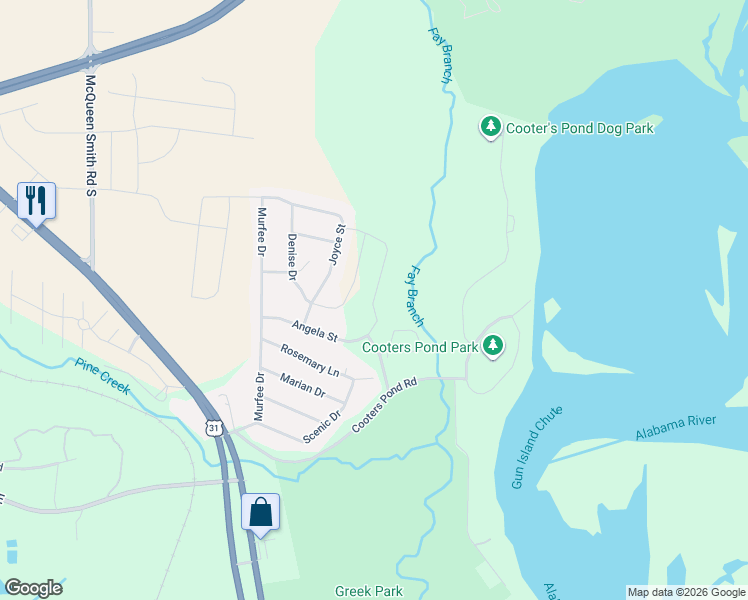 map of restaurants, bars, coffee shops, grocery stores, and more near 337 Angela Street in Prattville