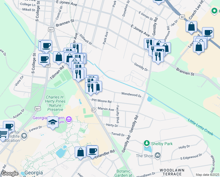 map of restaurants, bars, coffee shops, grocery stores, and more near 212 Wendwood Drive in Statesboro