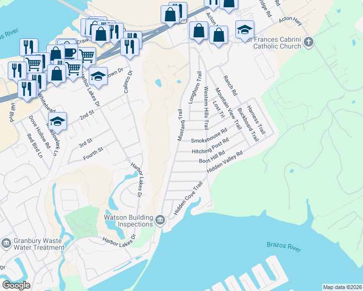 map of restaurants, bars, coffee shops, grocery stores, and more near 725 Mustang Trail in Granbury