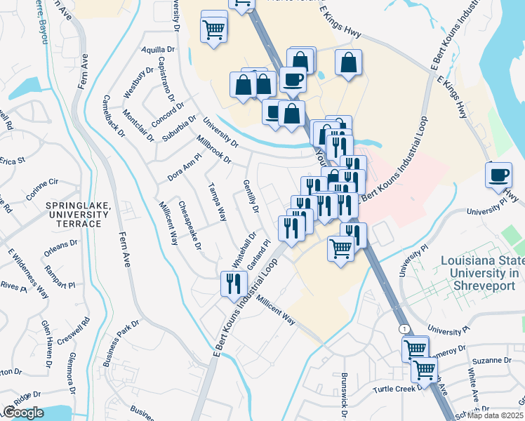map of restaurants, bars, coffee shops, grocery stores, and more near 1625 Gentilly Drive in Shreveport