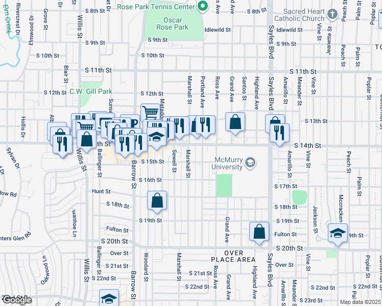 map of restaurants, bars, coffee shops, grocery stores, and more near 1425 Marshall Street in Abilene