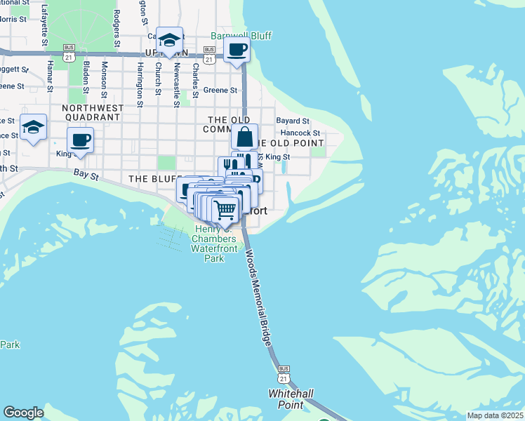 map of restaurants, bars, coffee shops, grocery stores, and more near 500 Port Republic Street in Beaufort