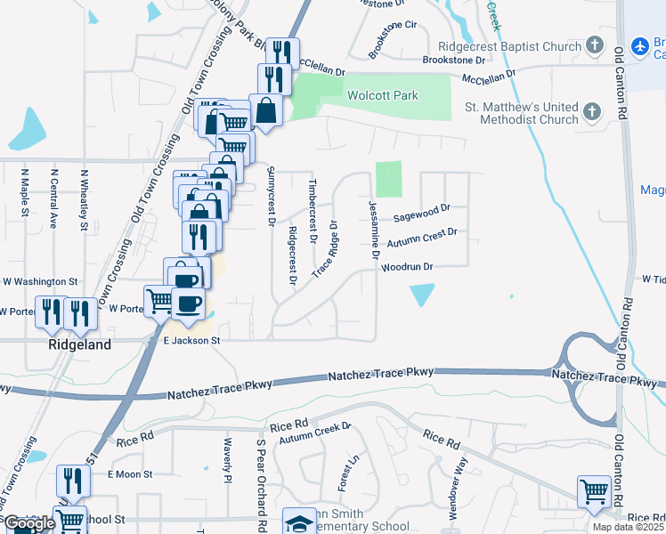 map of restaurants, bars, coffee shops, grocery stores, and more near 130 Trace Ridge Dr in Ridgeland