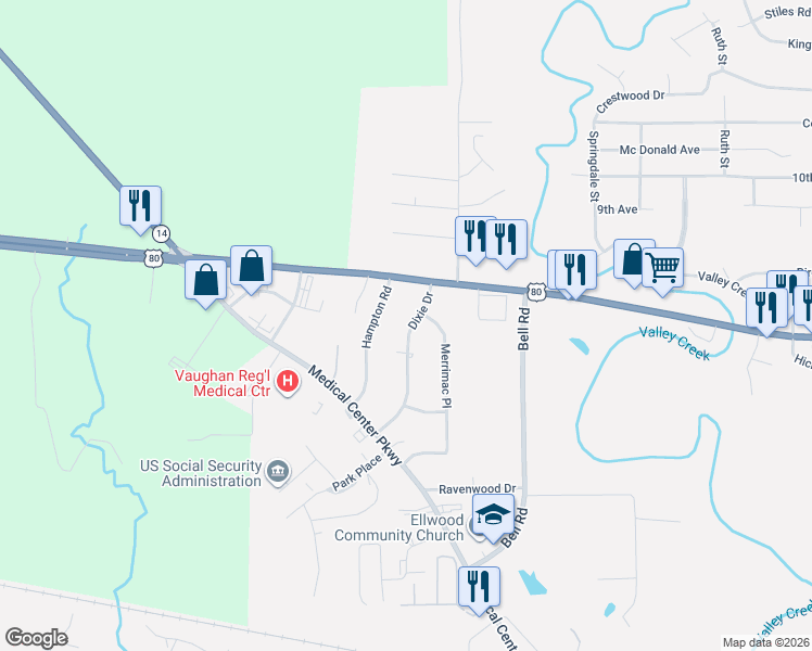 map of restaurants, bars, coffee shops, grocery stores, and more near 529 Dixie Drive in Selma
