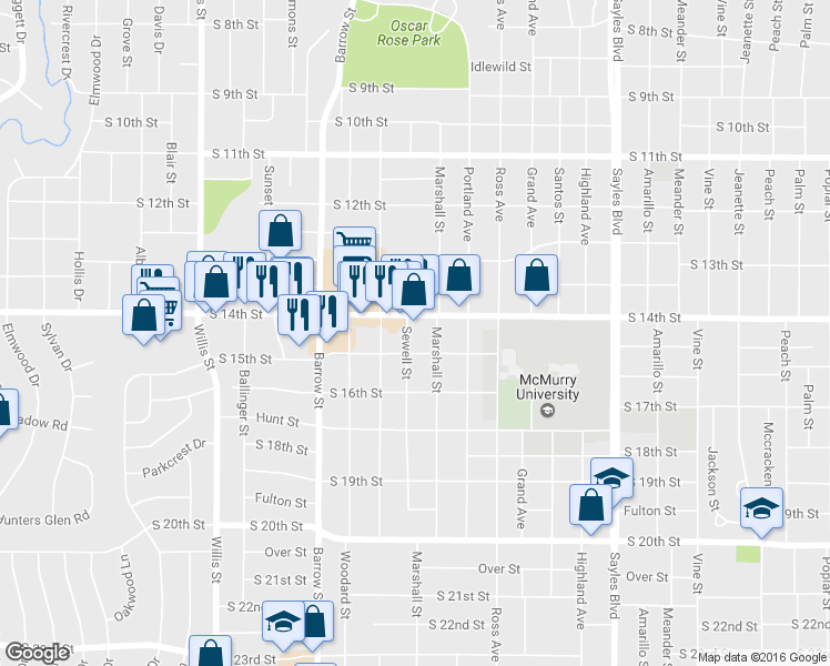 map of restaurants, bars, coffee shops, grocery stores, and more near 1425 Sewell Street in Abilene