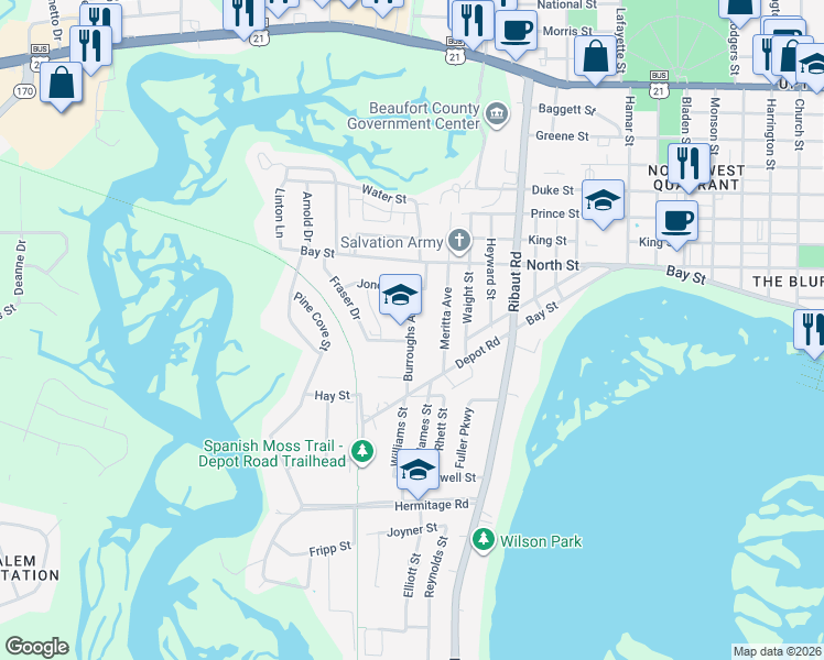 map of restaurants, bars, coffee shops, grocery stores, and more near 302 Burroughs Avenue in Beaufort