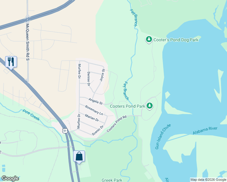 map of restaurants, bars, coffee shops, grocery stores, and more near 337 Angela Street in Prattville