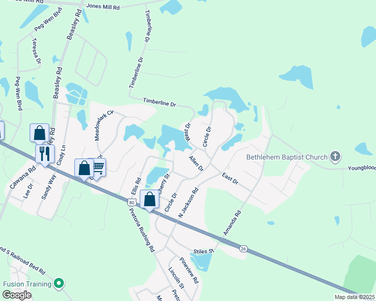 map of restaurants, bars, coffee shops, grocery stores, and more near 105 Allen Drive in Statesboro